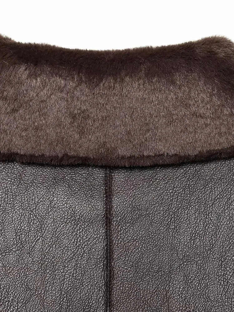 Dames omkeerbaar kunstleer revers single-breasted zakdecoratie jas vrouwelijke mode slanke lange mouwen losse warme jas