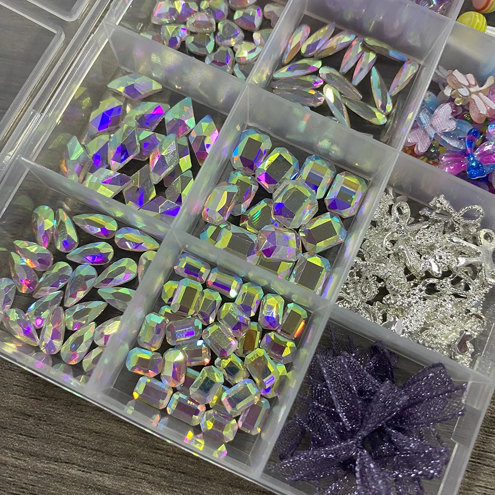 12Grids Mixed AB Rhinestone Dragonfly Bow Nail Charms Butterfly Ribbon Lollipop Nail Art Decorations DIY Manicure Accessories &