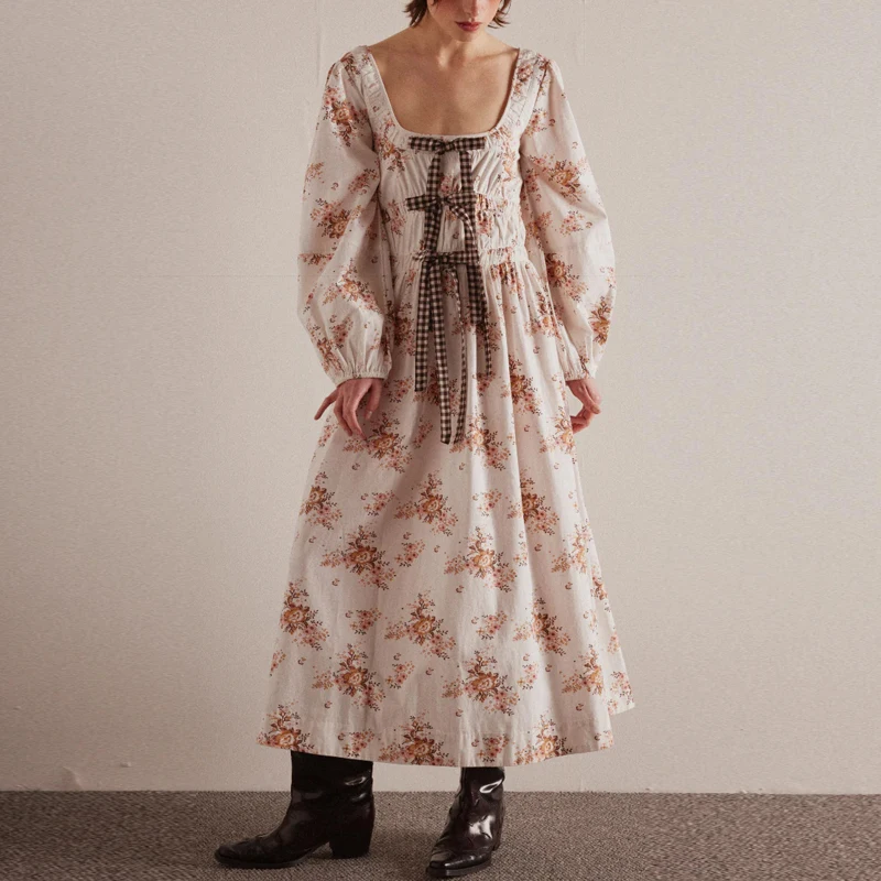 Women's 2024 Summer Boho Square Neck Front Bow Midi Dress Lady Vintage Puff Long Sleeve Plaid Ruffle Backless Maxi Dress