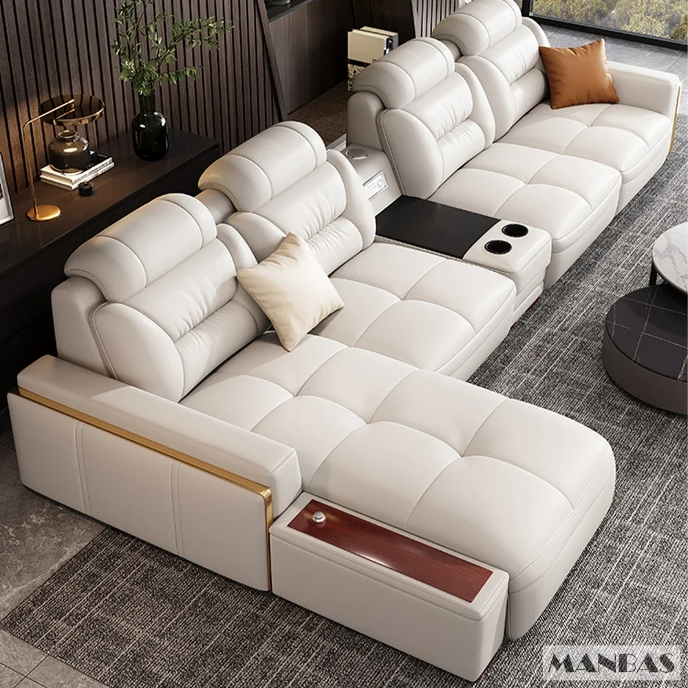 Premium Italian Genuine Leather Sectional Sofa Sets Couch Sofas with USB and Bluetooth Speaker - MANBAS Living Room Furniture