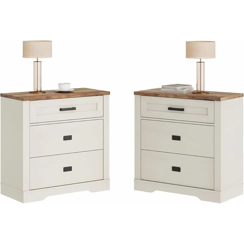 Pair of Antique White Large Nightstands & Oversized Bedroom Side Table Set