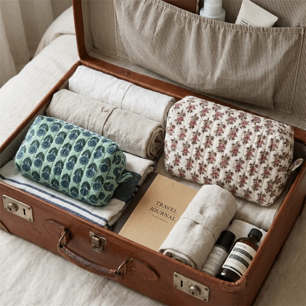 Large Capacity Quilted Makeup Bag Wear Resistant Zipper Floral Pattern Toiletry Bag Portable Easy To Clean Cosmetic Bag Vacation