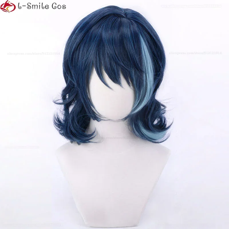 Game ES Tsumugi Aoba Cosplay Wig Short Blue Highlights Heat Resistant Synthetic Hair Hallowee Wigs Wig Cap