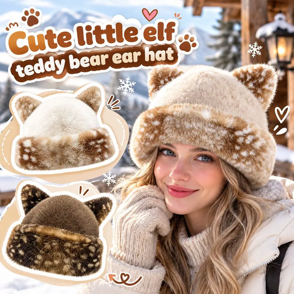 New Cat Ear Bucket Hat Thick Warm Spotted Pattern Fisherman Cap Faux Fur Winter Beanie Hat Women
