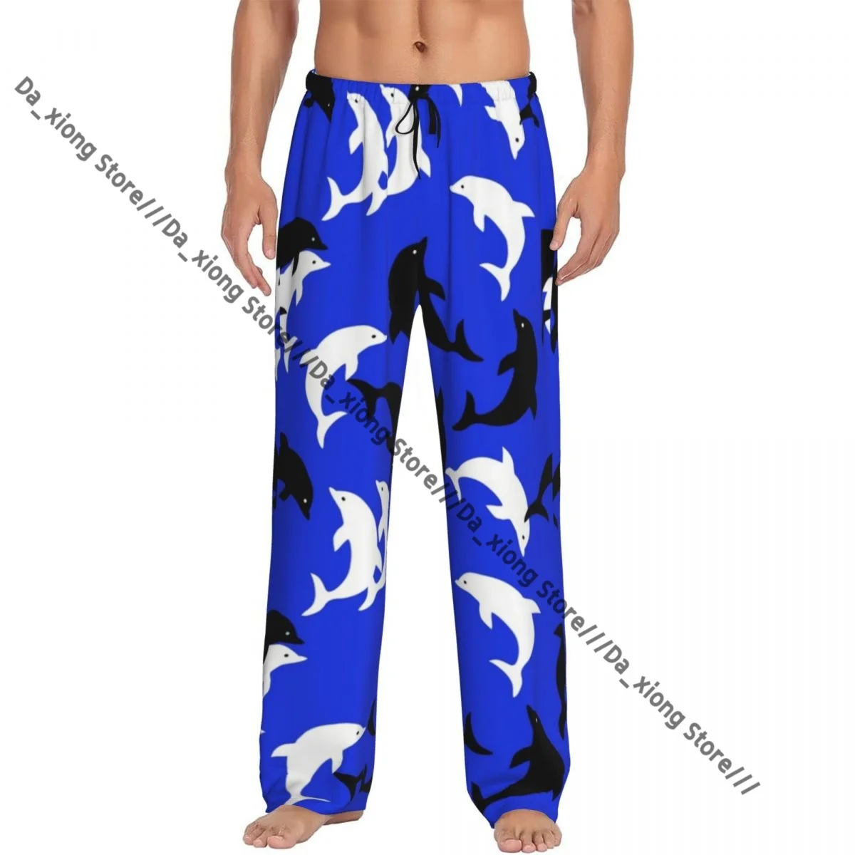 

Мужская повседневная пижама с длинными брюками, свободный эластичный пояс с дельфинами синего цвета, уютная одежда для сна, домашние брюки для отдыха