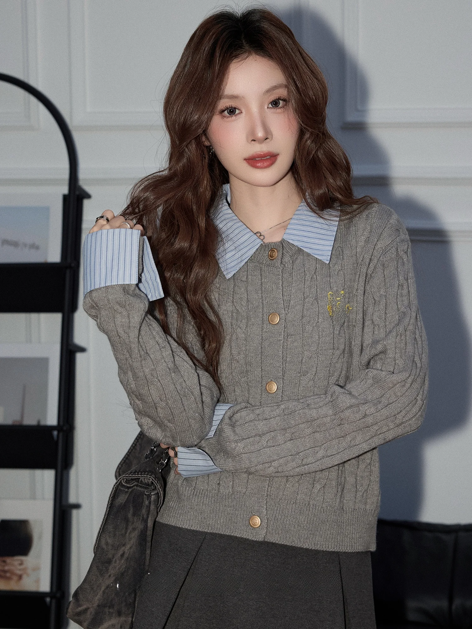 

Slim Fit ey Knitted Sweater with Fake Two-Piece Design for Women College Sle Autumn Winter Open Cardigan Coat ort Top