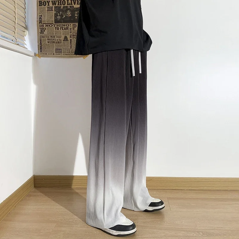 Pop Summer Casual Pants Men Gradient Wide Leg Pants Men Japanese Streetwear Hip-hop Loose Pleated Pants Mens Ice Silk Trousers