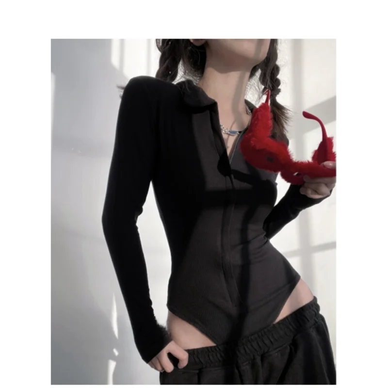 

Retro American Spicy Girl Pure Desire Zipper Tightened Jumpsuit Women's Autumn Winter New Long Sve T-irt Top