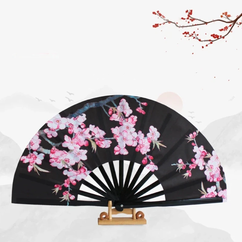 Exquisite Bamboo Bone Tai Chi Fan Peach Blossom Chinese Kung Fu Morning Exercise Fitness Fan Cheongsam Runway Show Dancing Fan