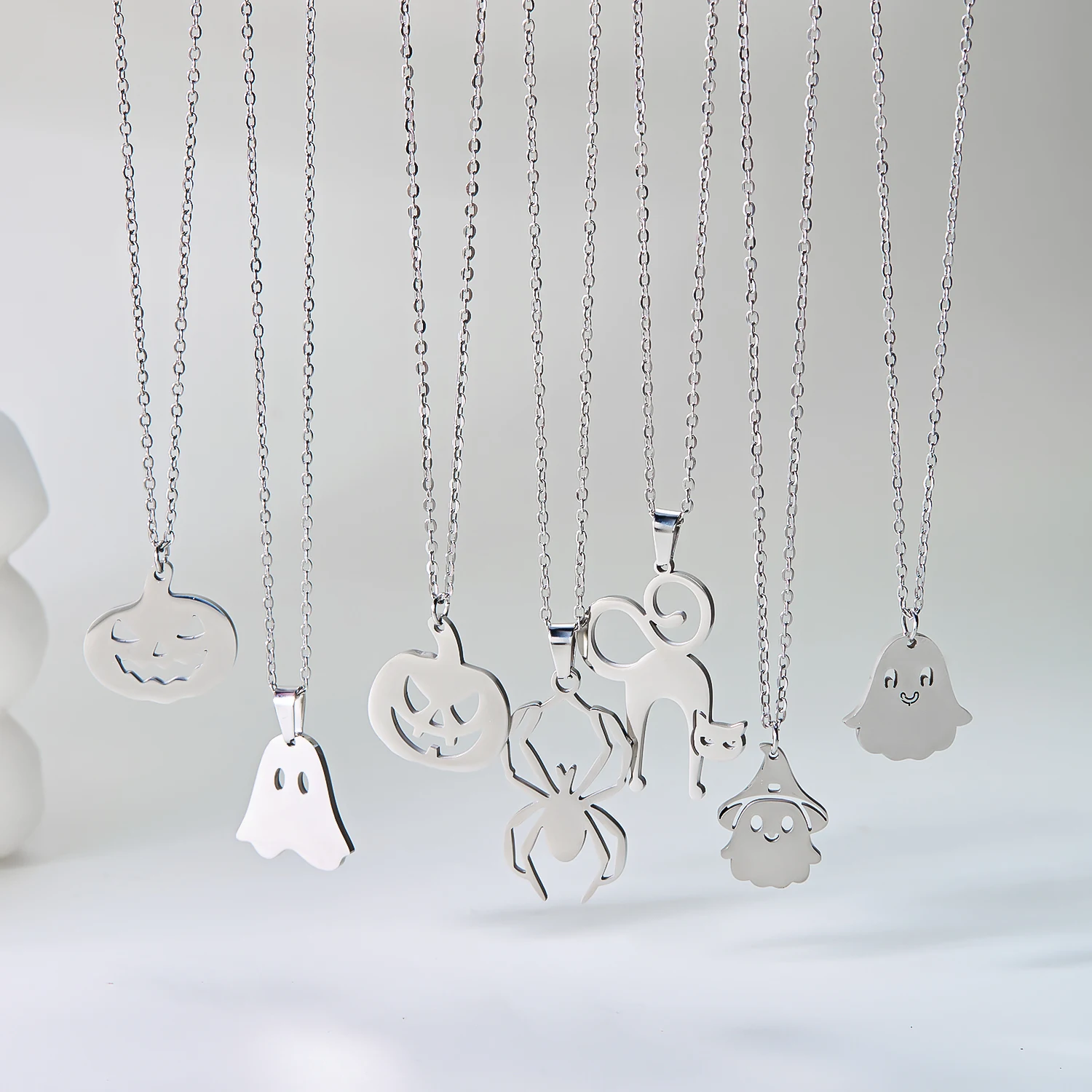 Mode Edelstahl Halloween Anhänger Halskette für Frauen Männer schwarze Katze Geist Spinne Kürbis Halskette Freundschaft Schmuck Geschenk – Detail 12