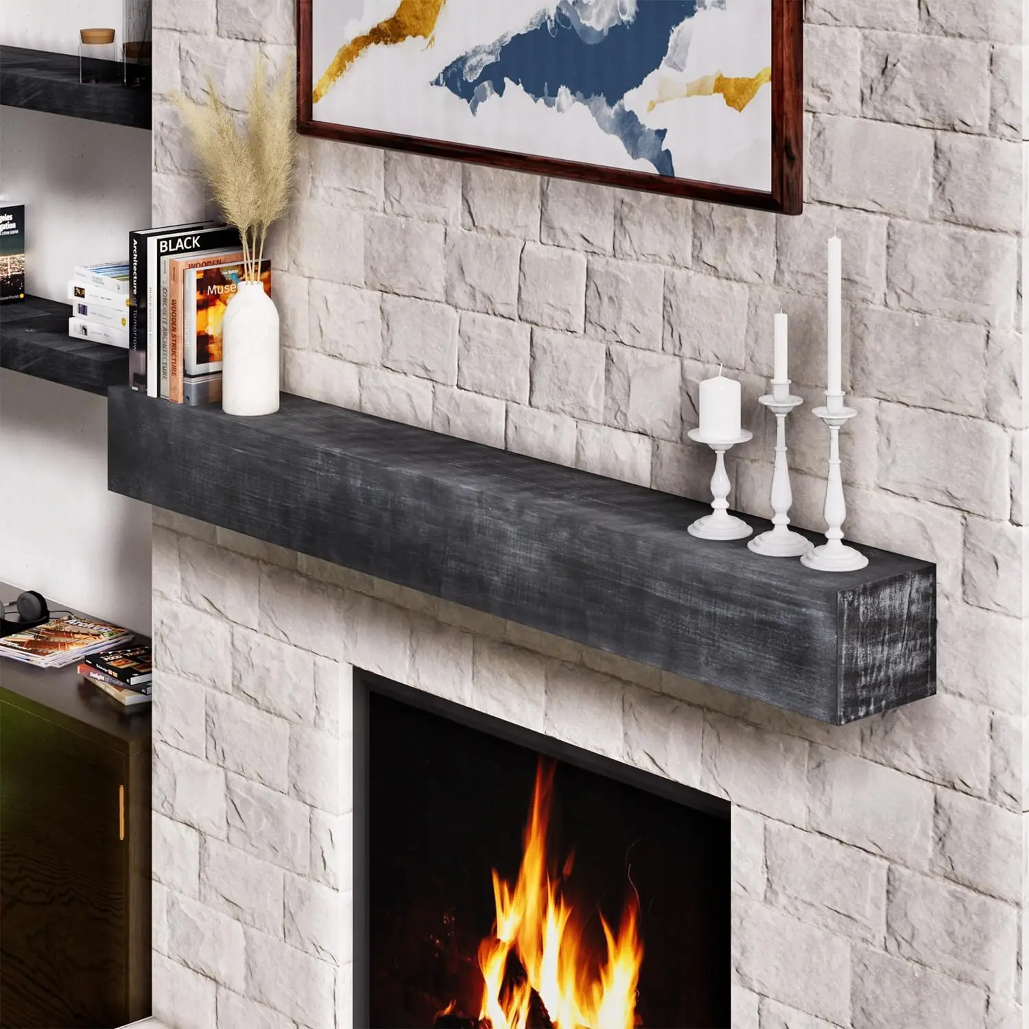 Mantel for Over Fireplace, Wood Mantel with Invisible Heavy Duty Metal Bracket, Wooden Floating Shelves for Wall, Grey