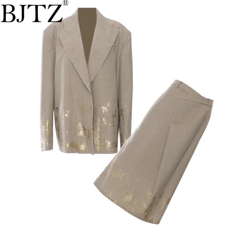 

BJTZ Freehand Graffiti Hot Stamping Loose Fit Suit+half Skirt Two-piece Set For Women 2025 Spring Office Lady New Clothing
