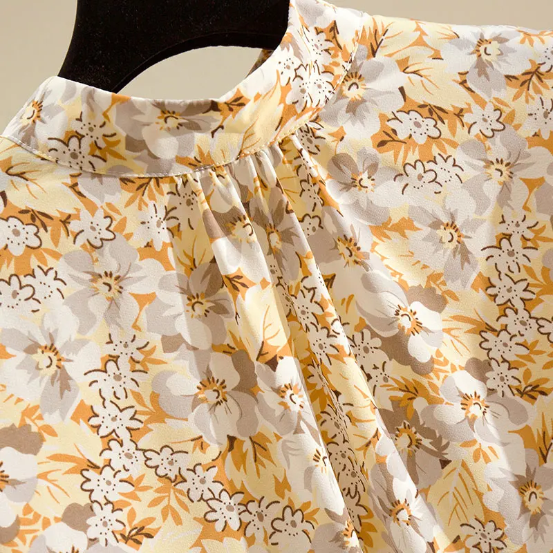 Yellow Floral Print Vintage Chiffon Stand Collar Lantern Sleeve Pullover Women\'s Blouse Shirt Female Tops Woman Clothing Fashion