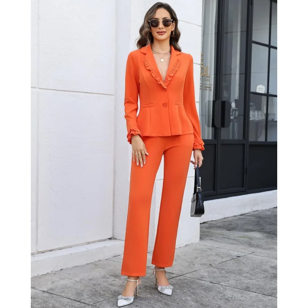 طقم بليزر نسائي مكون من قطعتين مكشكش وأكمام طويلة مكون من قطعتين، طقم بناطيل رصاص أنيق للأعمال #3