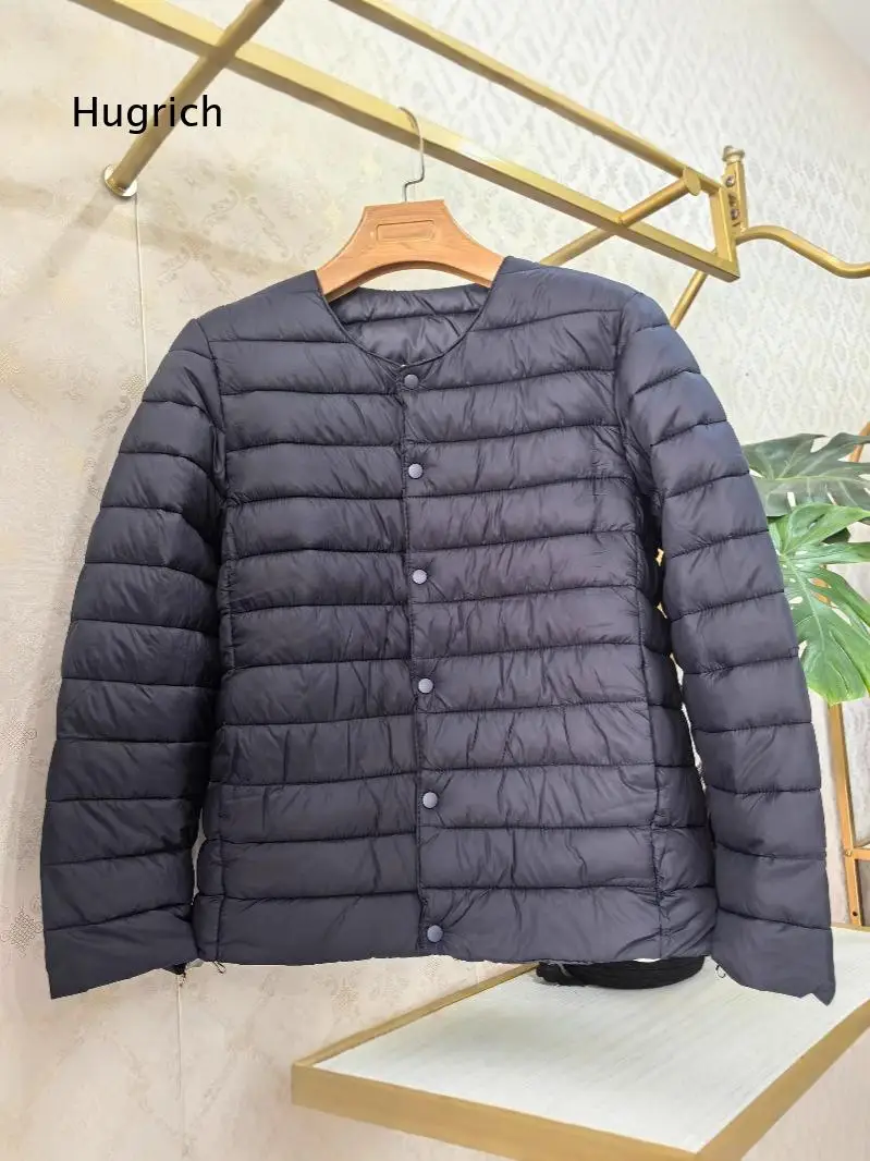Mens Black Solid Collarless Light Quilted Puffer Coat Snap Buttons Portable Inner Liner Autumn Winter Daily Wear Outerwear