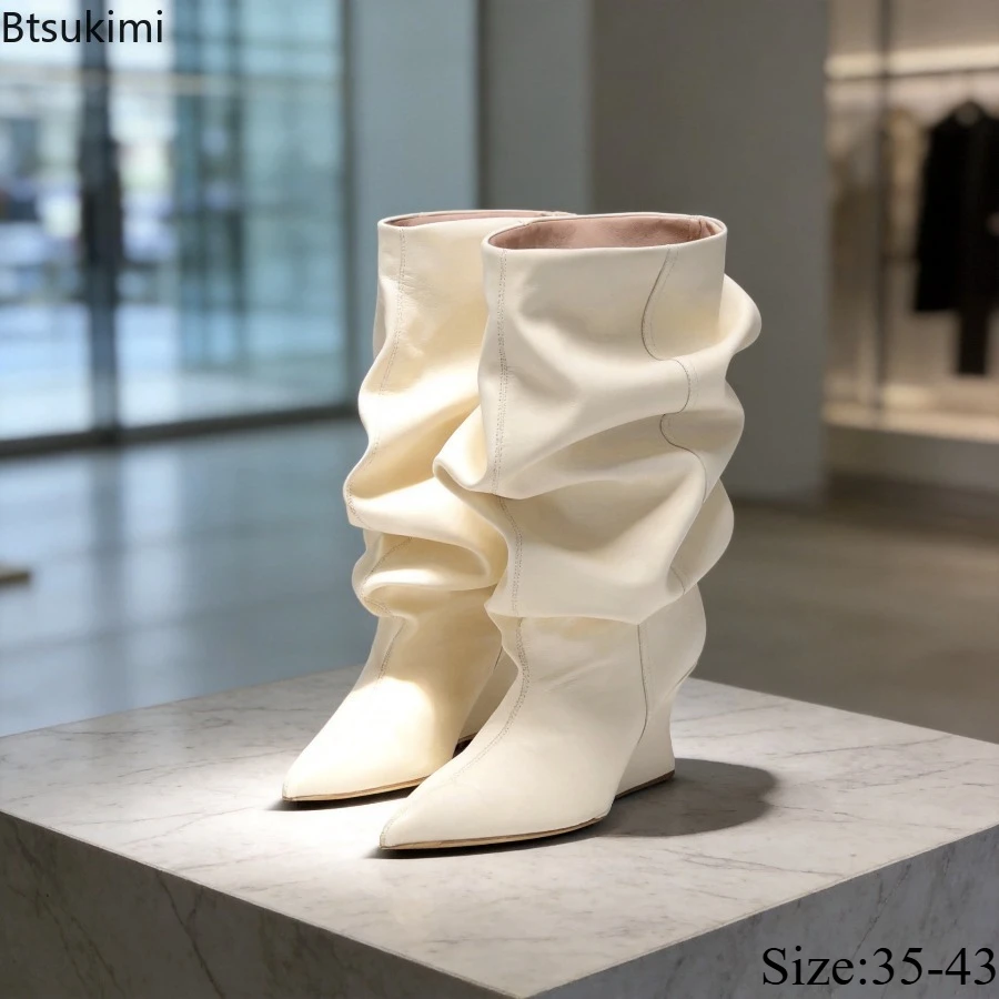 Women Vintage Leather Pointed Thick Soled High-heeled Boots Fashionable Versatile Slouch Boots Pleated Oversized Ladies Booties
