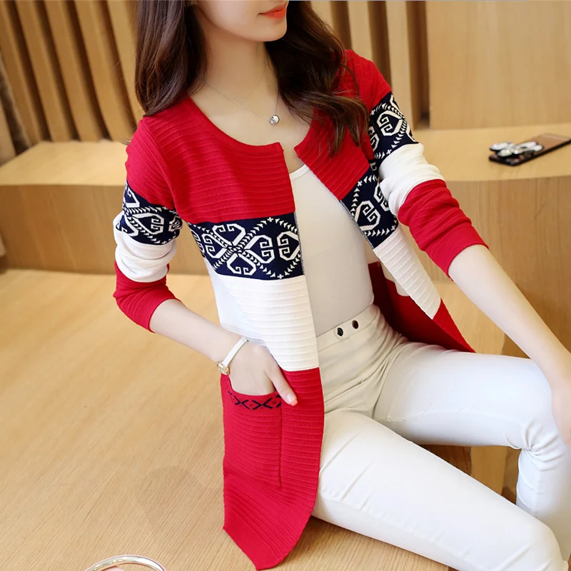 Autumn Long Sweater Fashion Wool Spring Cardigan Knitting Sweater Cardigan Pink Black Red Print Winter Slim Women 7479