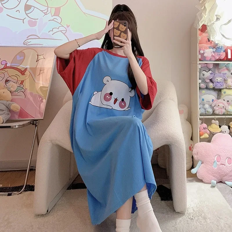 

150KG Plus Size Cotton Sleepshirt Women Summer Cute Cartoon Nightgown Three Quarter Sleeves Loose Home Dress Lady Large Pajama