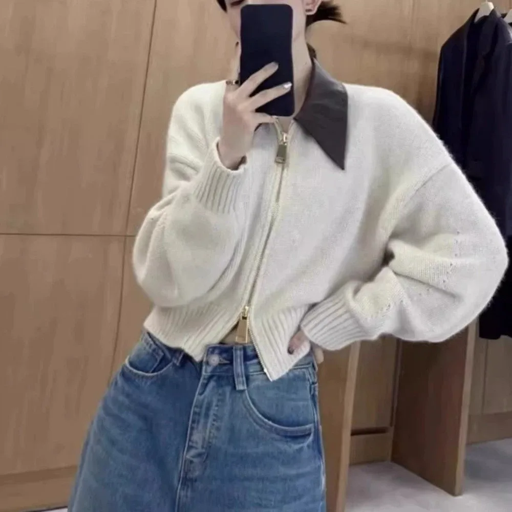 가죽 칼라 지퍼 프론트 스웨터 가디건 긴 소매 재봉 패턴 플립 칼라 스웨터 스트리트웨어 한국 스타일 크로셰 탑