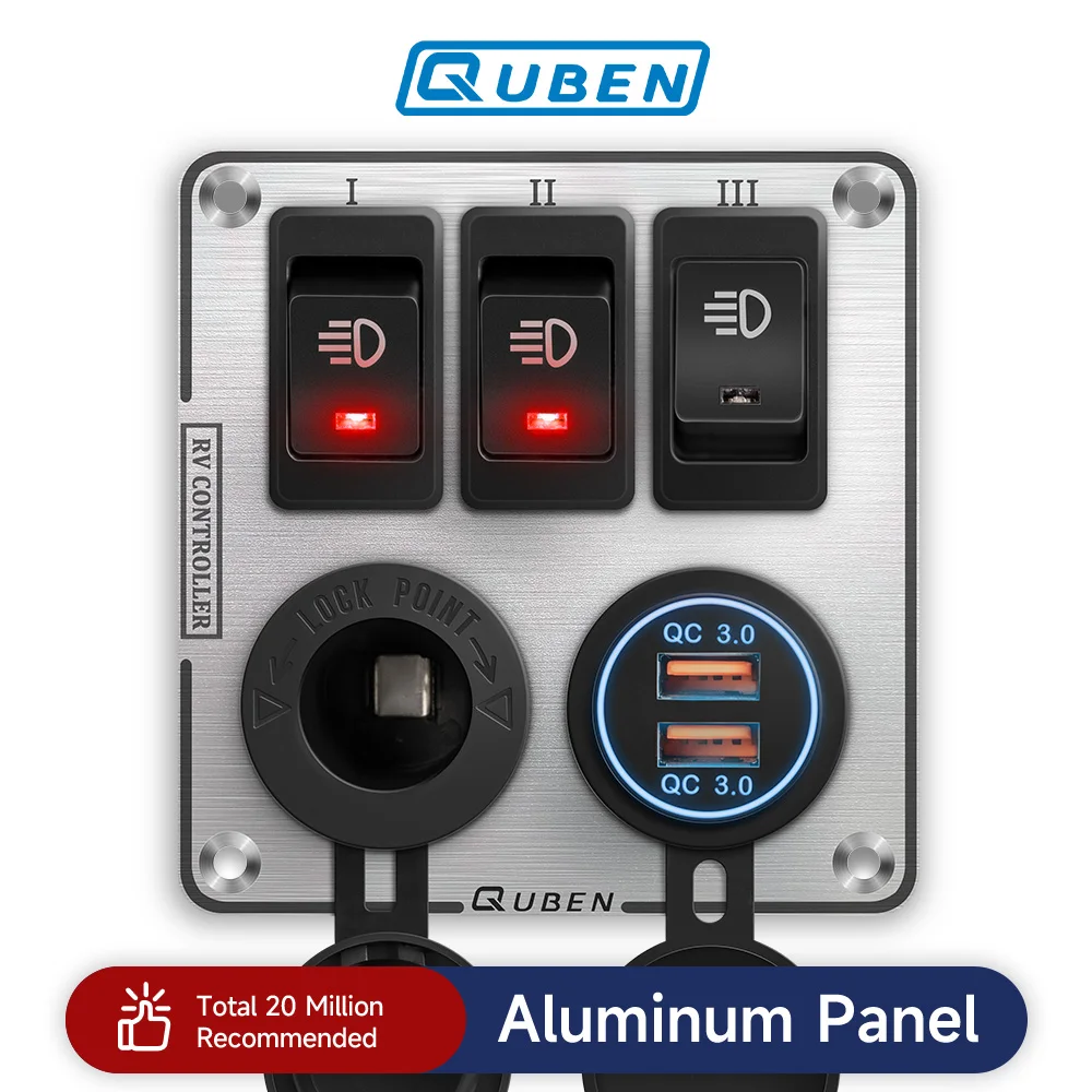 QUBEN Dual USB QC3.0 Socket Charger LED Voltmeter Toggle Switch Multi-Functions Panel for RV Yacht Car Boat Truck Vehicles Van