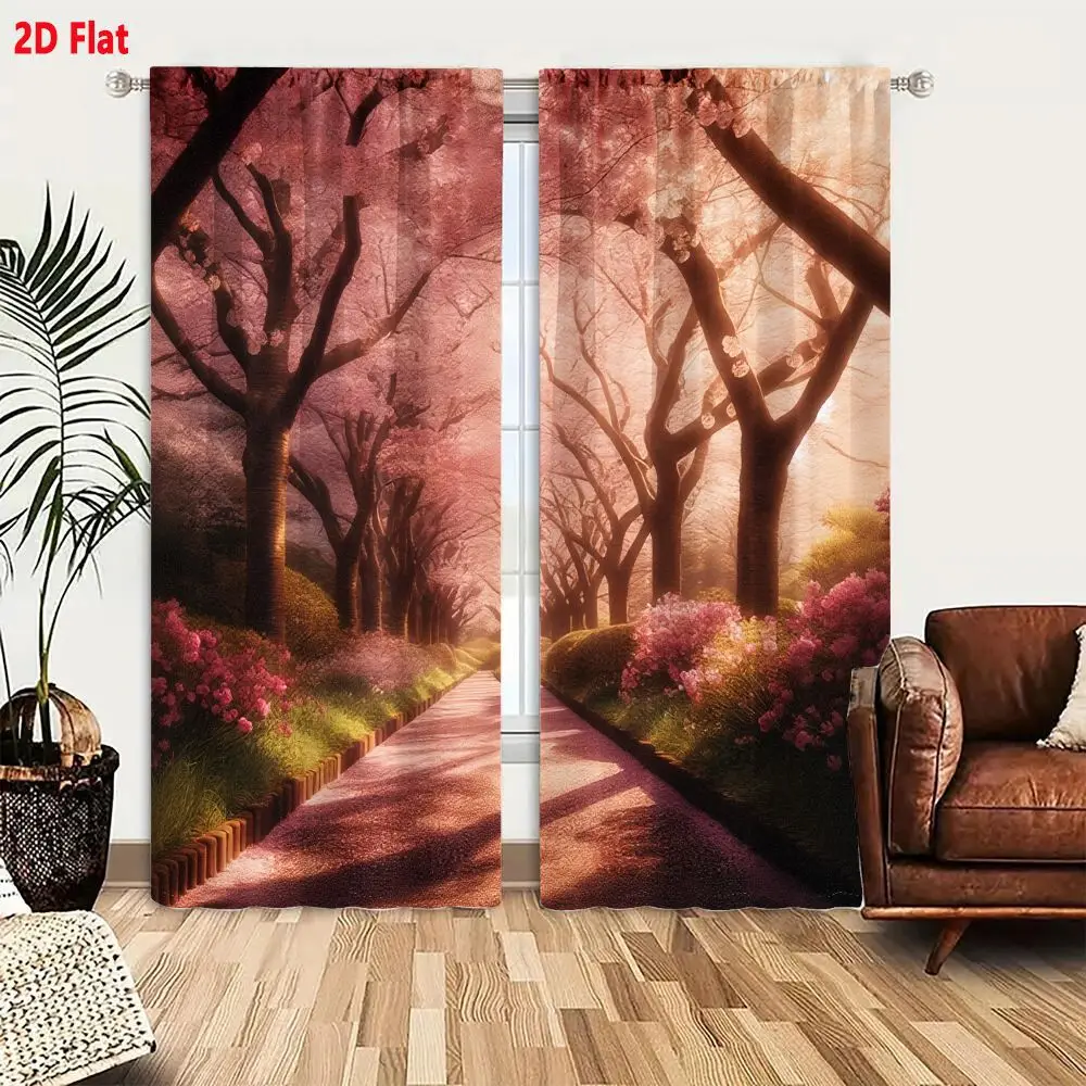 2Pcs Curtains 2D Flat A Serene Pathway Lined With Blooming Pink Trees Bathed In Soft Warm Light Window Drapes for Bedroom Room D