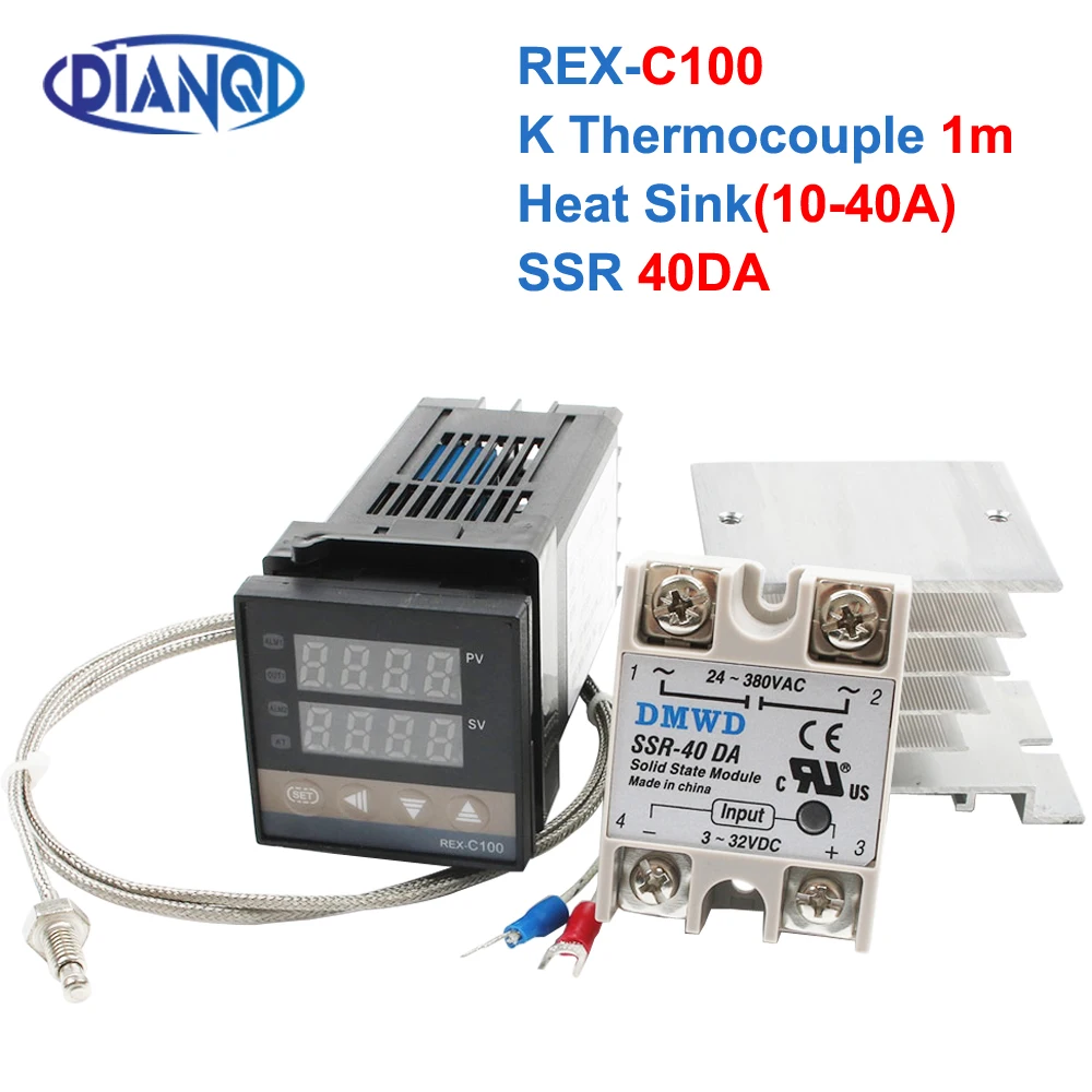 

Digital PID Temperature Controller Thermostat REX-C100 + Max 40A SSR SSR-40DA Relay + K Thermocouple M6 1M Probe with Heat Sink