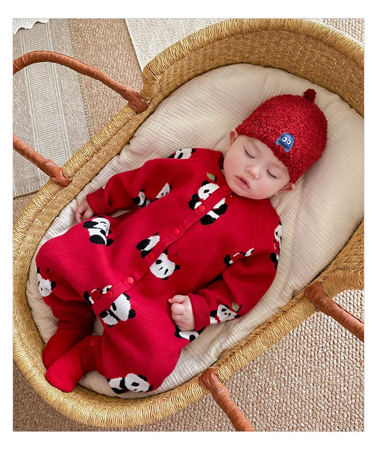 

Chinese red Baby Clothing Autumn and Winter Knitted One-piece Shirt New Year's Knitted Shirt for Boys and Girls