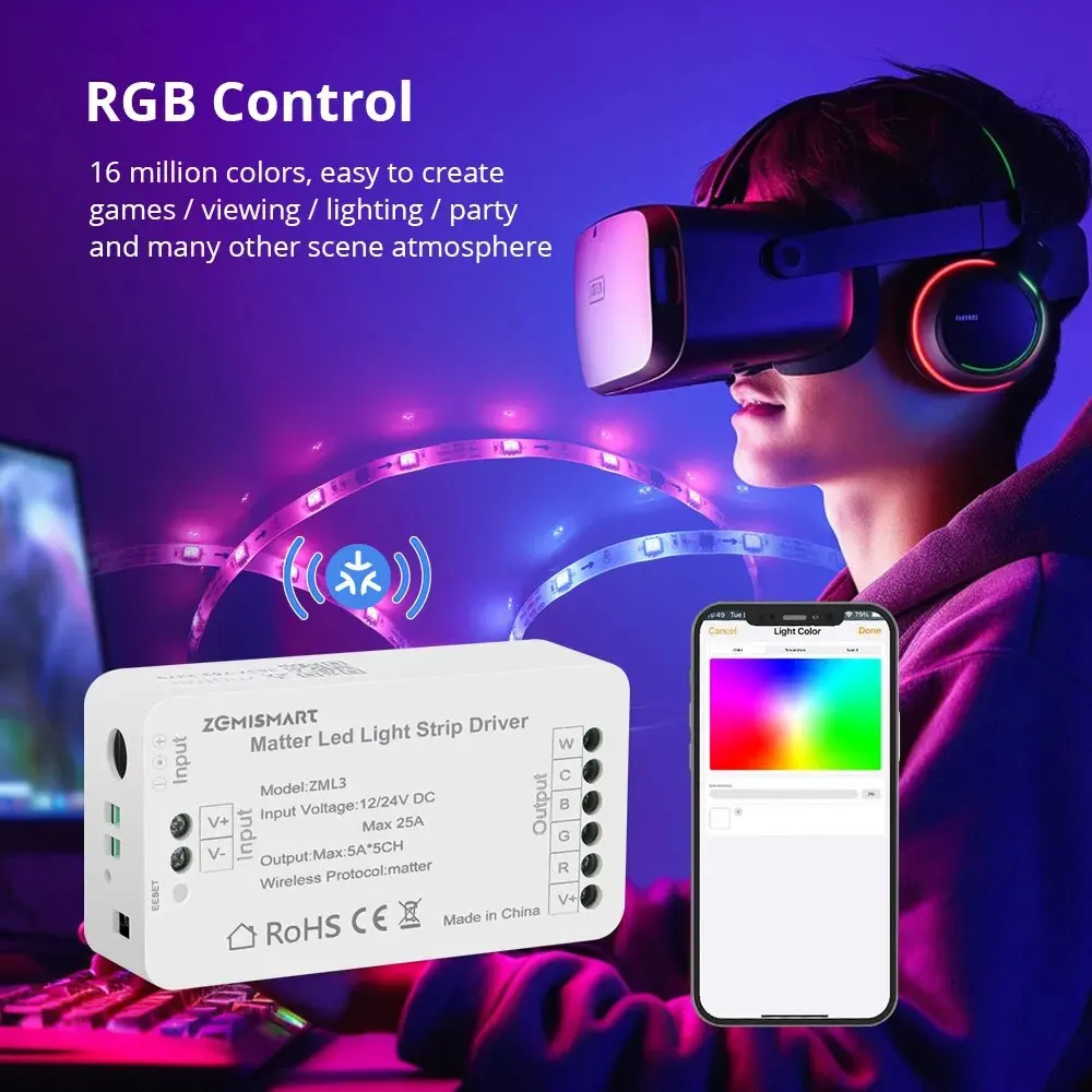 Zemismart Matter Over WiFi Led Strip Light Controller RGBCW Smart Led Driver Support Smartthings Alexa Google Home App Control