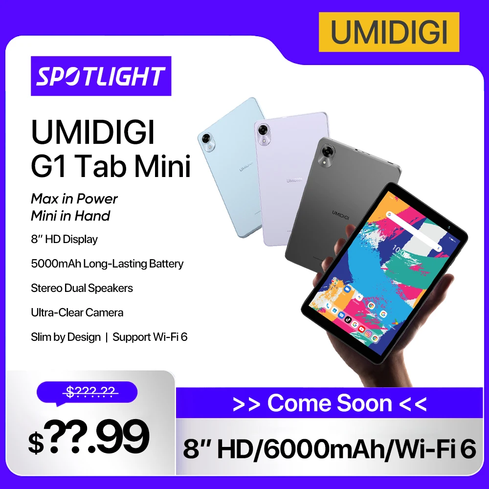 

UMIDIG G1 Tab Мини-планшет 8 дюймов HD-дисплей Аккумулятор 5000 мАч Камера 5 МП Поддержка Wi-Fi 6 Slim by Design