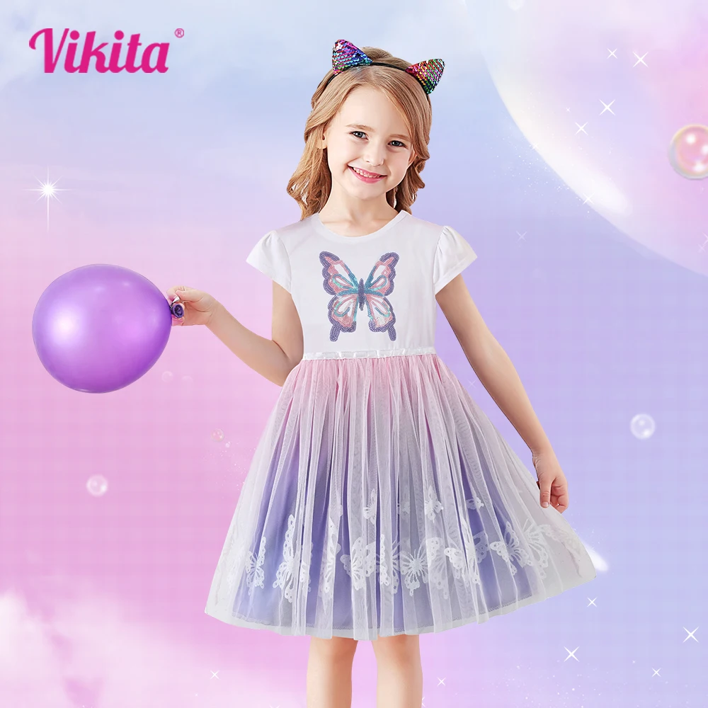 

VIKITA Unicorn Children Dress Summer Toddler Girls Clothes Sleeveless Princess Dress Sequin Colorful Mesh Kids Party Costumes