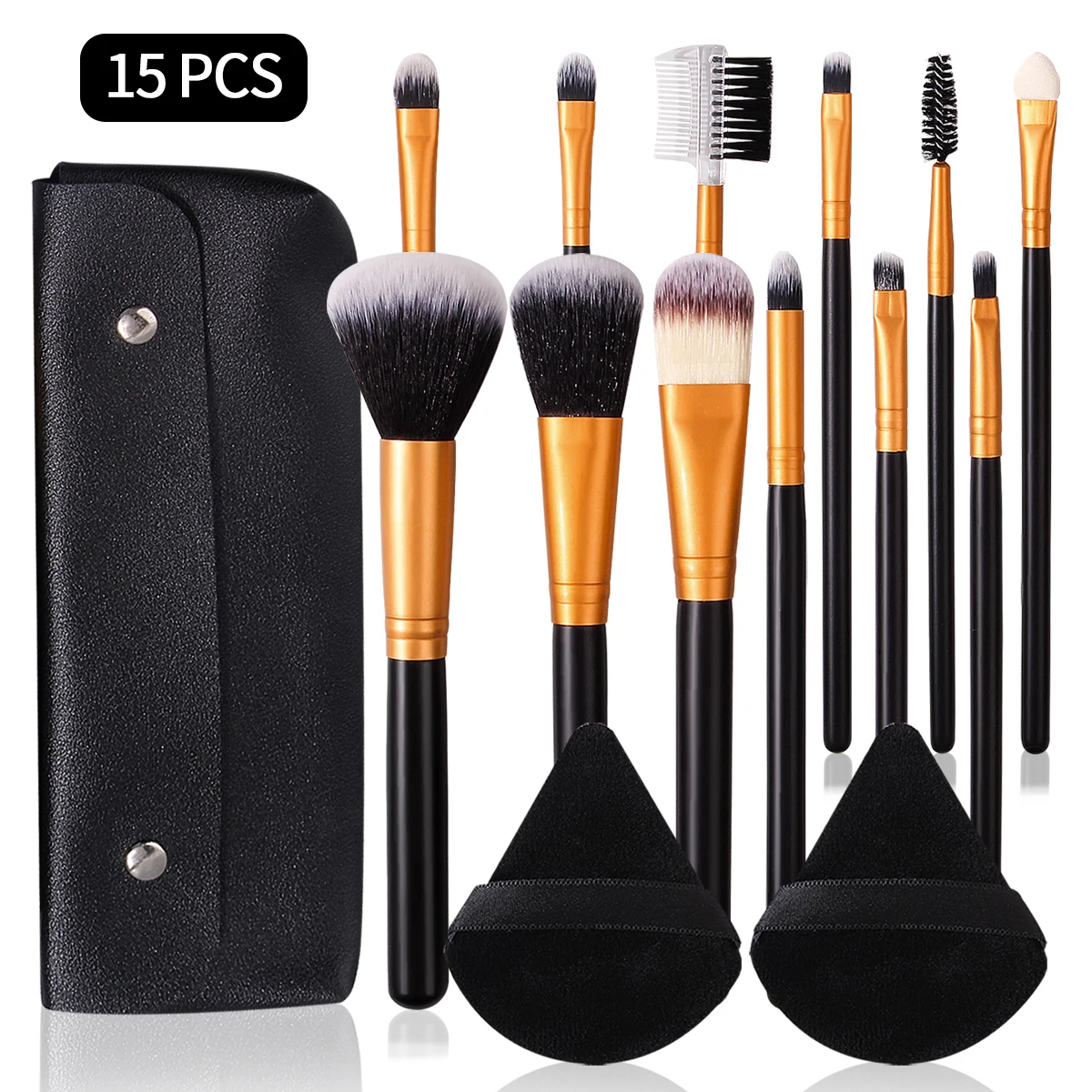 Ensemble de pinceaux de maquillage noirs, 12 pièces, avec sac de rangement, 2 pièces, éponge bouffante, outil de maquillage Portable de voyage, 1/12/15 pièces