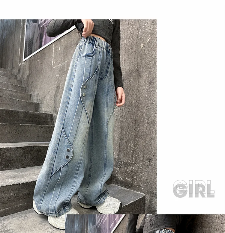 Neues Design Mädchen Straight Jeans Stylische Kinder Mode Street Denim Hosen Teenager Kinder Lose Slim Fit Loose Leaf Jeans Hosen – Detail 3
