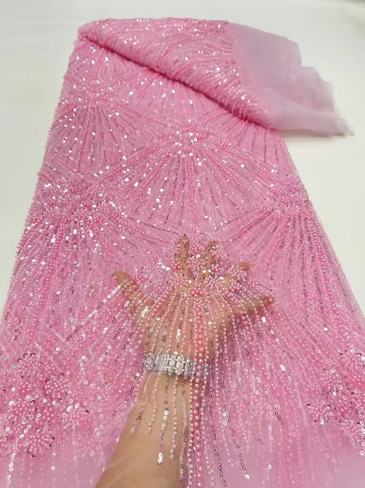 High-End Luxury French Embroidery Heavy Groom Beads Lace Fabric Sequins 5 Yards High Quality Materiel for Party Dresses