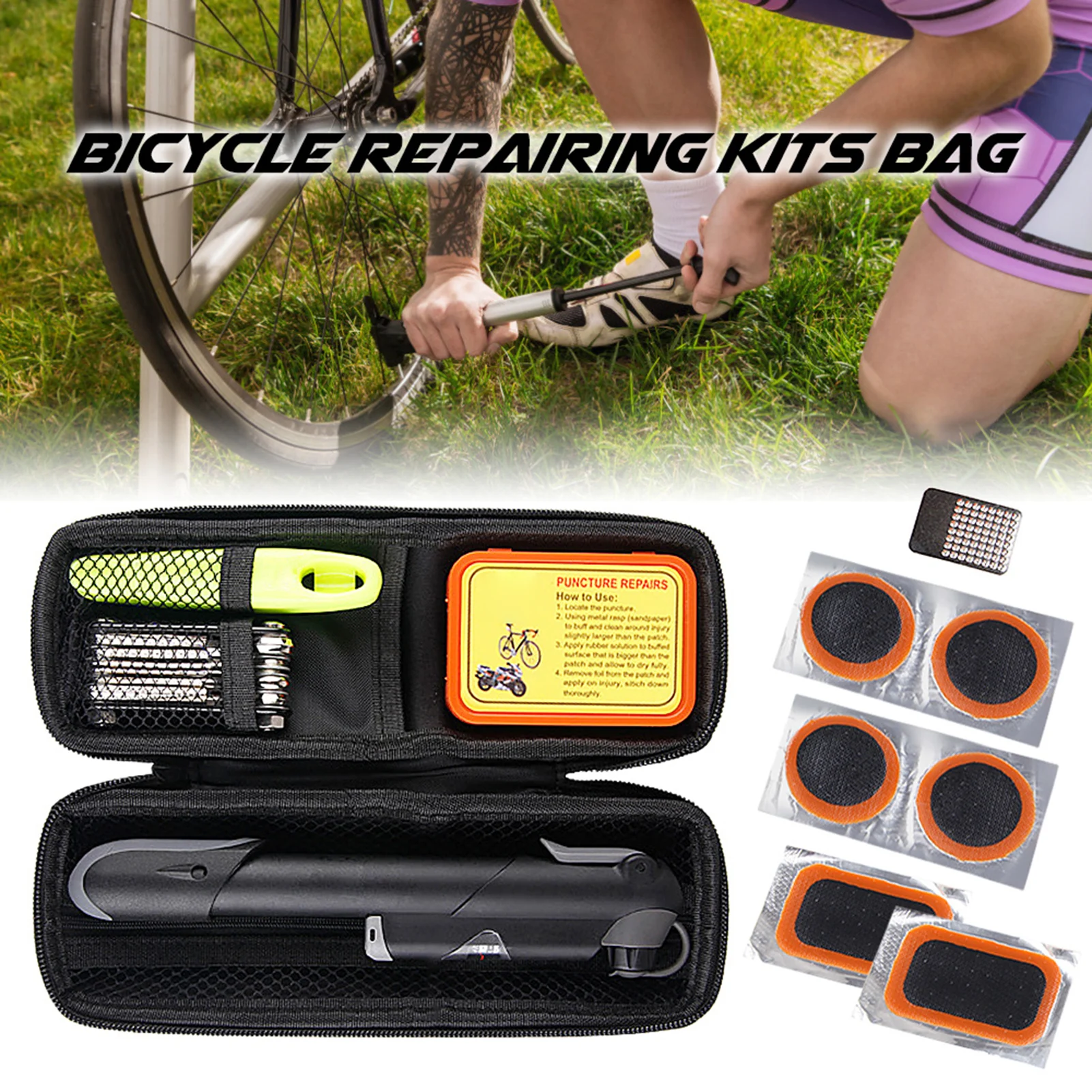 

Bike Repair Kit Portable Bicycle Repairing Tools Kit Box Tire Fixing Kit Bag with Tire Pump Multifunctional Tools Tire Tube Patc