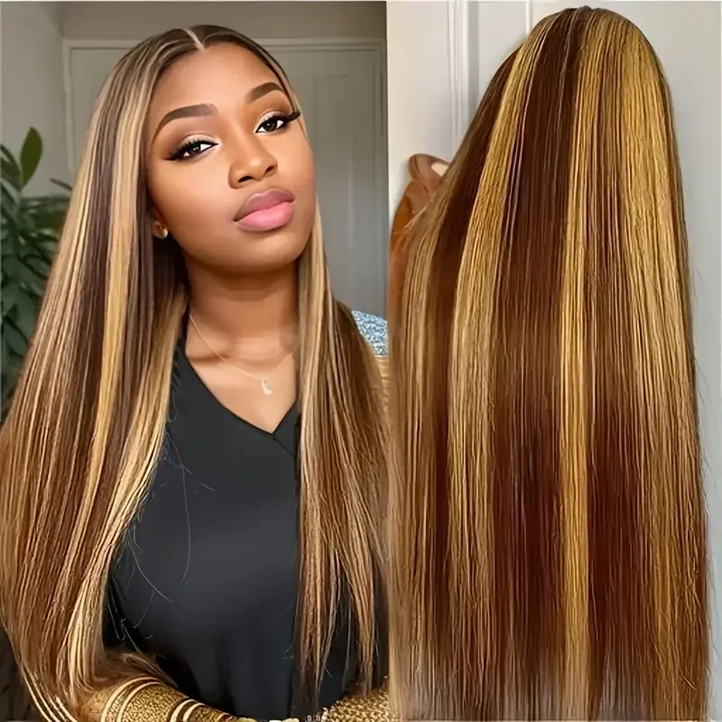 Wig Rambut Asli Highlight Straight Glueless 13x6 Lace Front untuk Wanita, Preplucked Brazilian Hair, Wig Lace Frontal Rambut Asli