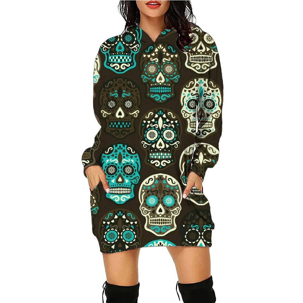 Robe à capuche imprimée tête de mort florale pour femme, sweat-shirt d'entraînement, pull à manches longues, t-shirt d'automne, robe éducative, Halloween