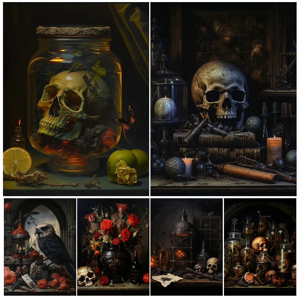 Creepy Skulls And The Book Of Evil Shadows,Vintage Wall Art Canvas Print Witch Desktop Items Gothic Art Poster Print Home Decor
