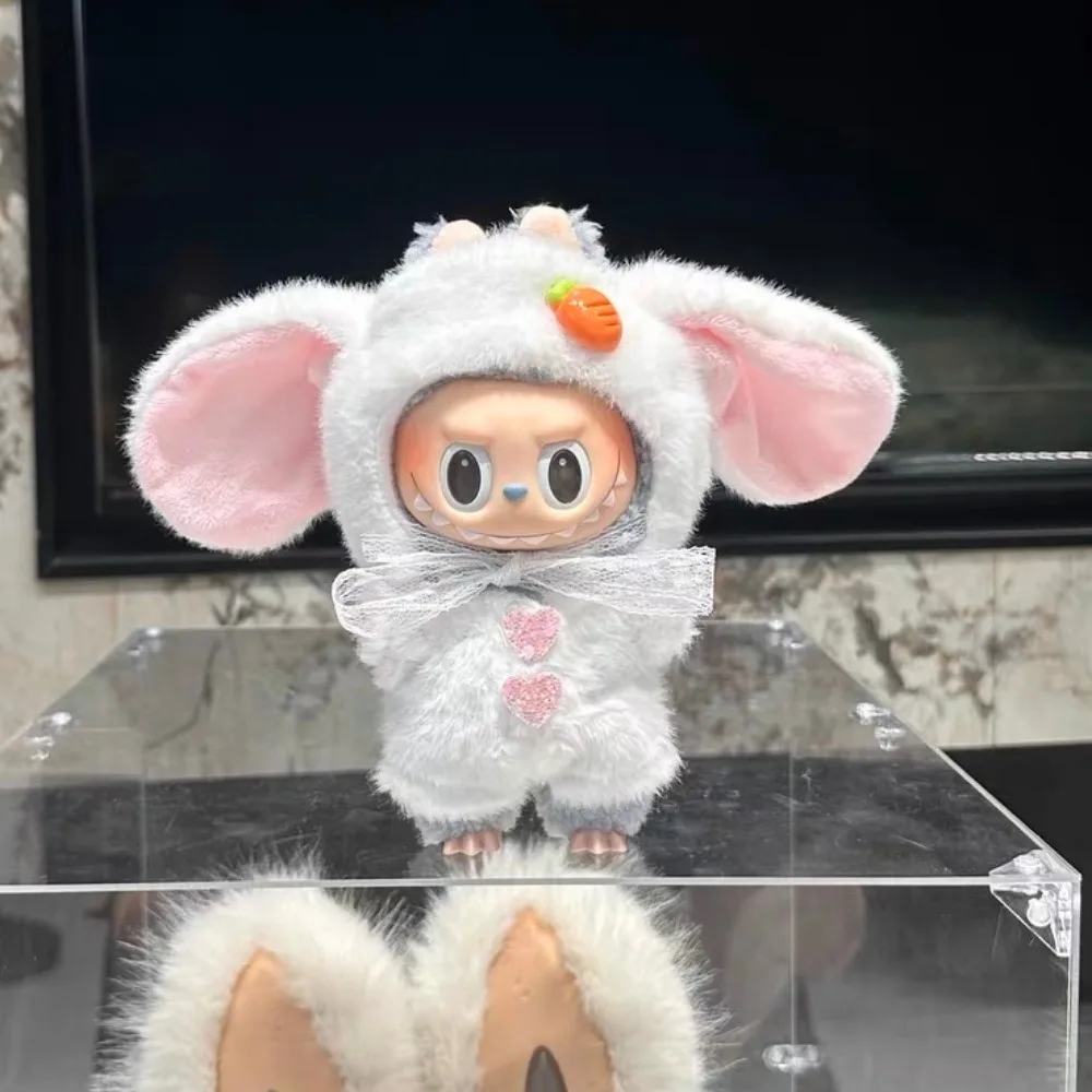 

Одежда для куклы Labubu 17 см, милая толстовка с заячьими ушками, наряд с морковным украшением, расшитые блестками сердца, модные плюшевые аксессуары для наряда