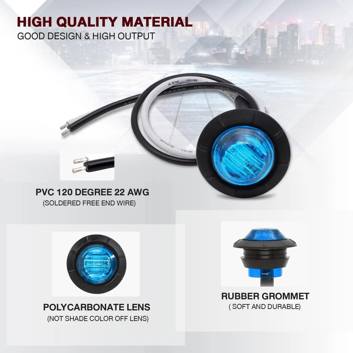 Pack of 20 3/4 Inch Round Blue LED Side Indicator Marker Lights with Grommets for Trailer Pickup Lorry 12V DC Surface Mount 3led