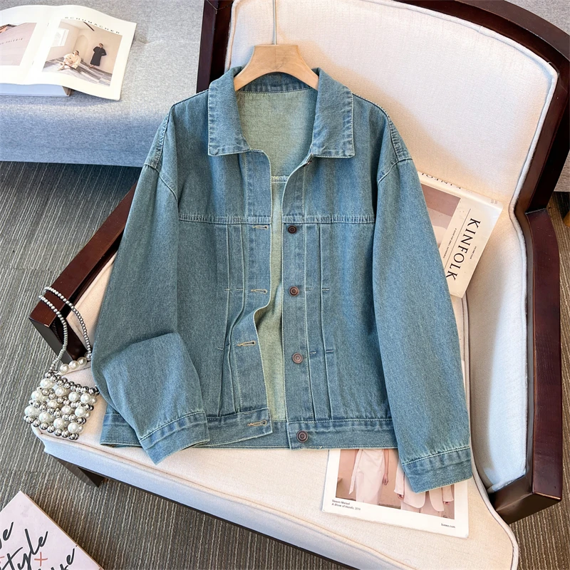 

Korean Loose Blue Short Denim Jacket Women Fashion Pearl Beaded Pocket Lapel Single-Breasted Long Sleeve Female Cowboy Outerwear