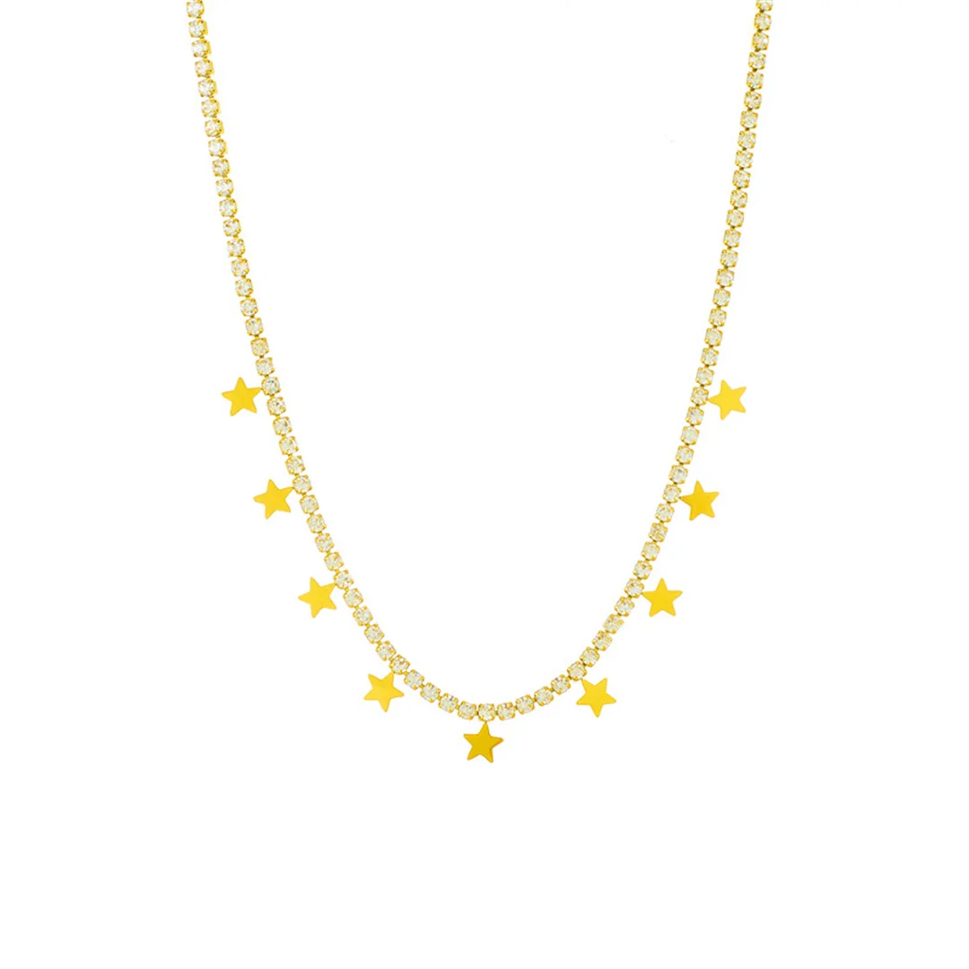 

Punk Pentagram Star Charm Pendant Gold Color Stainless Steel Iced Out Zirconia Tennis Chain Choker Necklace for Woman Jewelry