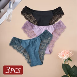 3PCS Women's Panties Satin Seamless Underwear Lace Floral Sexy Lingerie Solid Color Low-Waist High Quality Briefs Breathable