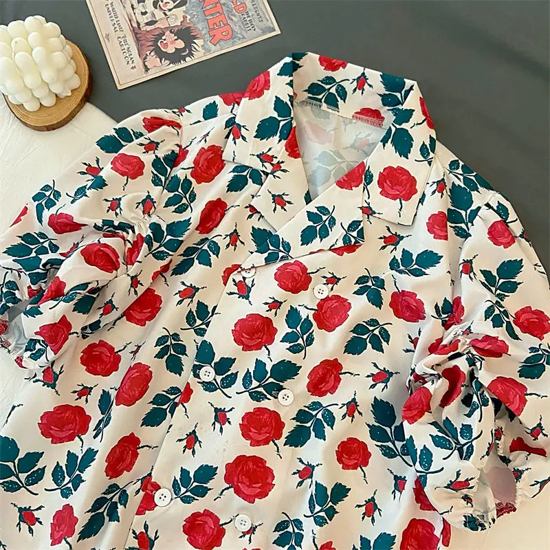 Floral Print Notched Loose Streetwear Casual Shirts Women Harajuku Shirt Summer Plus Size Korean Fashion Top Camisas Mujer 2022