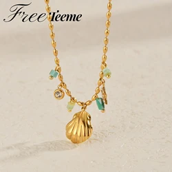 Freeteeme Fashion Shell Zircon Star Necklace for Women Girl Stainless Steel Ocean Series Gold Color Pendant Jewelry Holiday Gift