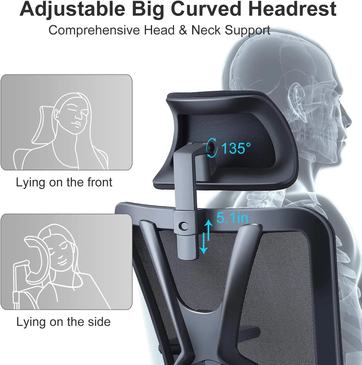 Ergonomic Office Chair - High Back Desk Chair with Adjustable Lumbar Support, Headrest & 3D Armrest - 130°Rocking Mesh Compu