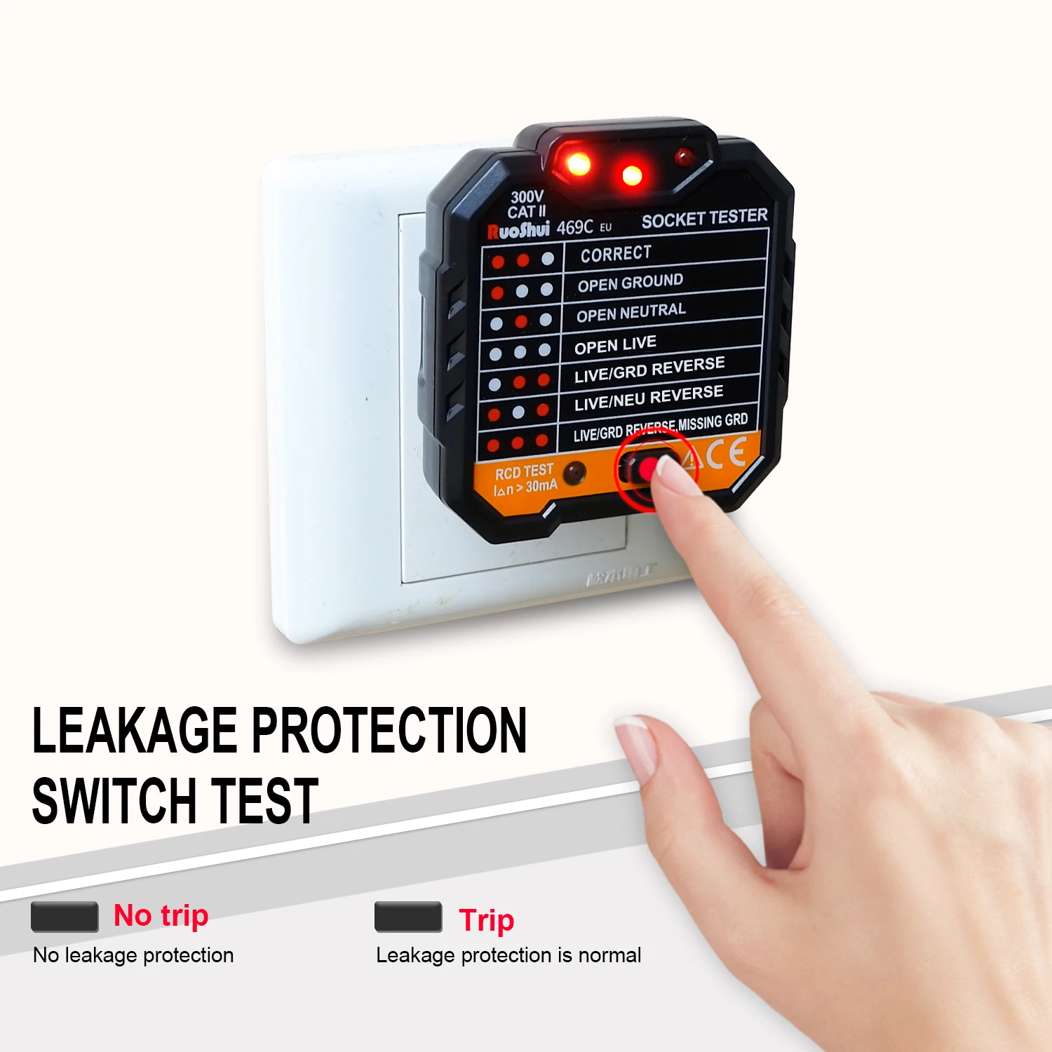 RuoShui 469C Socket Tester 300V EU US Plug Seven LED Light Patterns Leakage Detector Ground Zero Line Protection Switch Test