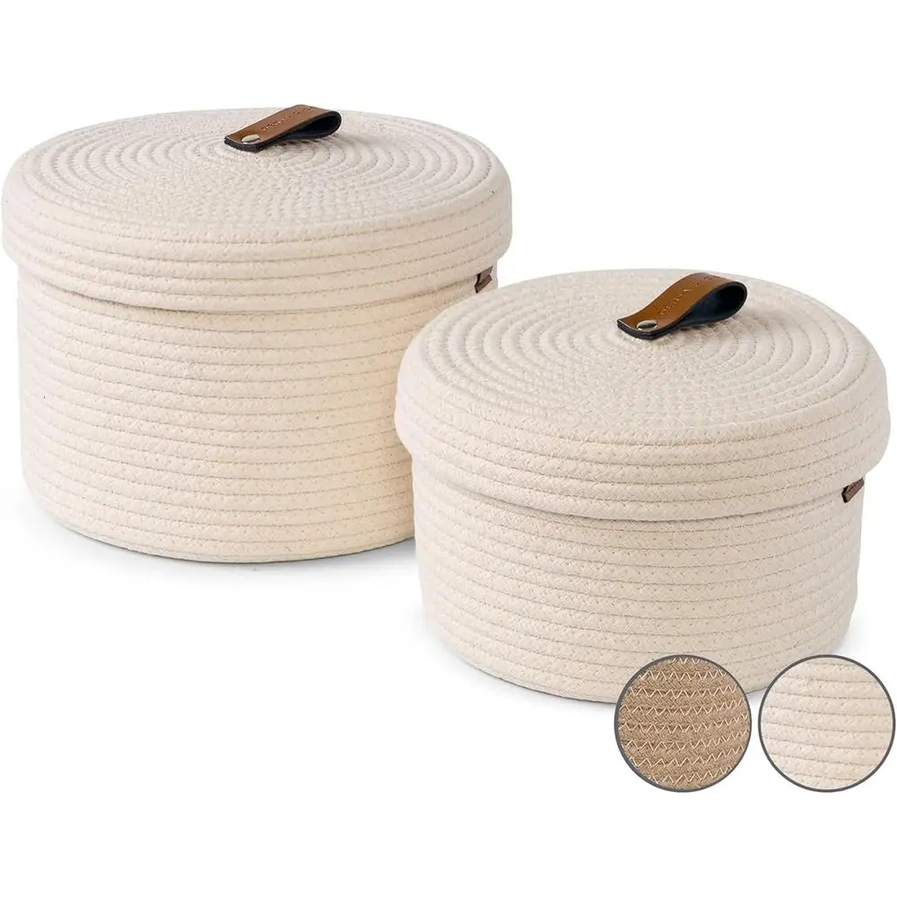 

Set of 2 Decorative Storage Baskets with Lids - Round Woven Baskets for Home Decor and Organizing - Small Shelf Baskets with Lea