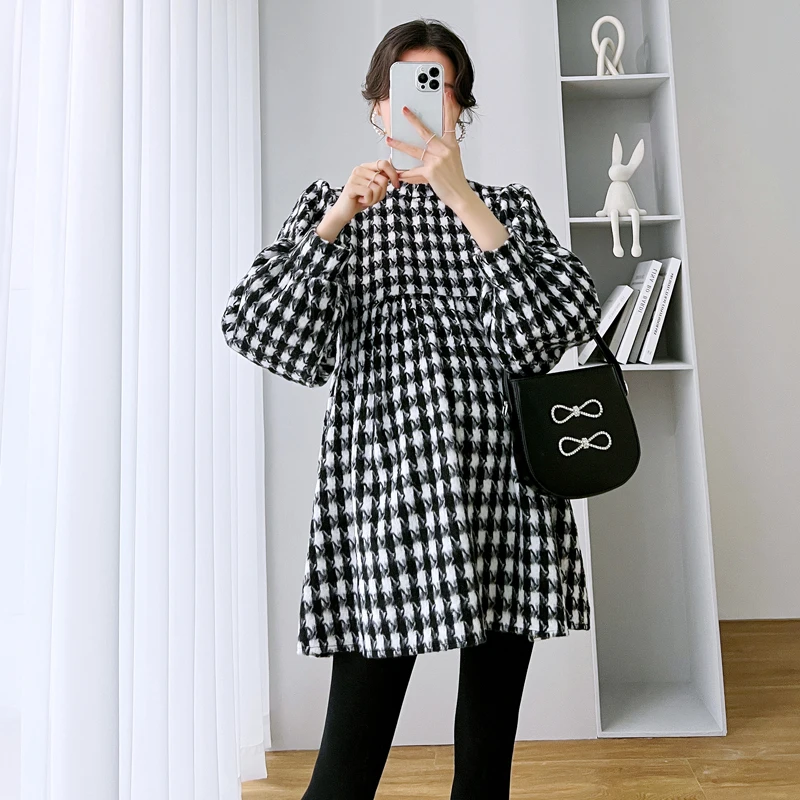 Autumn Winter Korean Fashion Plaid Maternity Blouses Sweet Cute Loose Shirt Clothes for Pregnant Women Pregnancy Tops Dress NEW