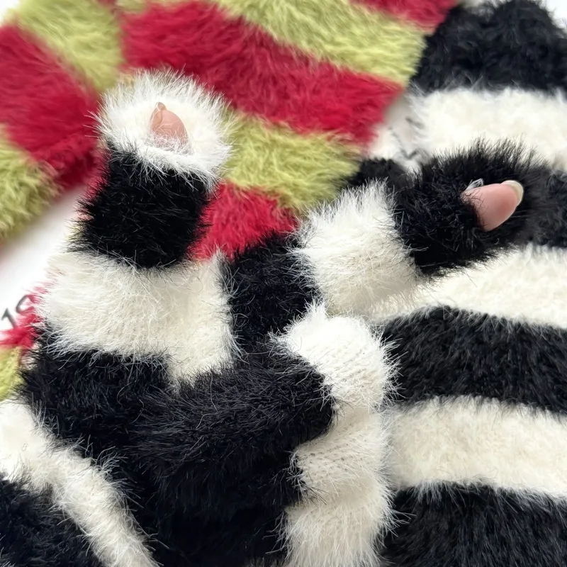 2025 المنك مثل مخطط نمط جو قفازات محبوكة المرأة الخريف والشتاء الدافئة المفتوحة إصبع شاشة تعمل باللمس قفازات مقاومة للبرودة