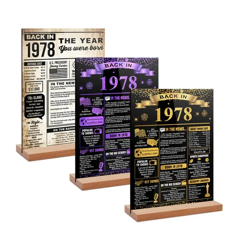 Back In 1978 Acrylic Party Poster Sign Tabletop Wooden Base Signs For Nightstands Living Rooms Wooden Base Signs For Photography